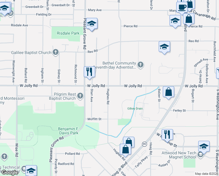 map of restaurants, bars, coffee shops, grocery stores, and more near 5116 Hughes Road in Lansing