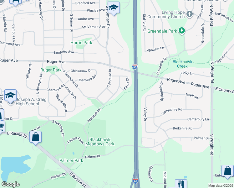 map of restaurants, bars, coffee shops, grocery stores, and more near 263 Mohawk Road in Janesville