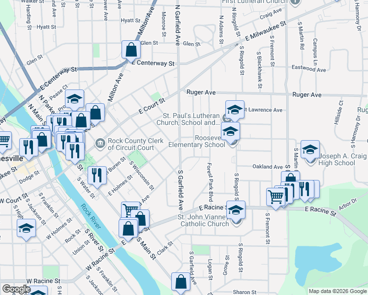 map of restaurants, bars, coffee shops, grocery stores, and more near 1019 Oakland Avenue in Janesville