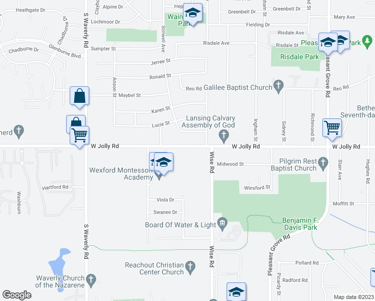 map of restaurants, bars, coffee shops, grocery stores, and more near 3213 West Jolly Road in Lansing