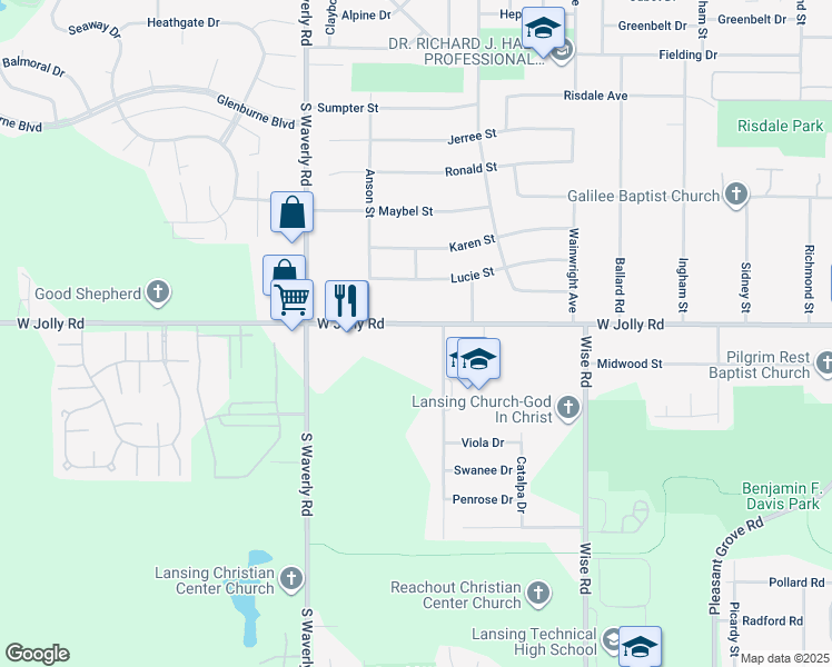map of restaurants, bars, coffee shops, grocery stores, and more near 3521 West Jolly Road in Lansing