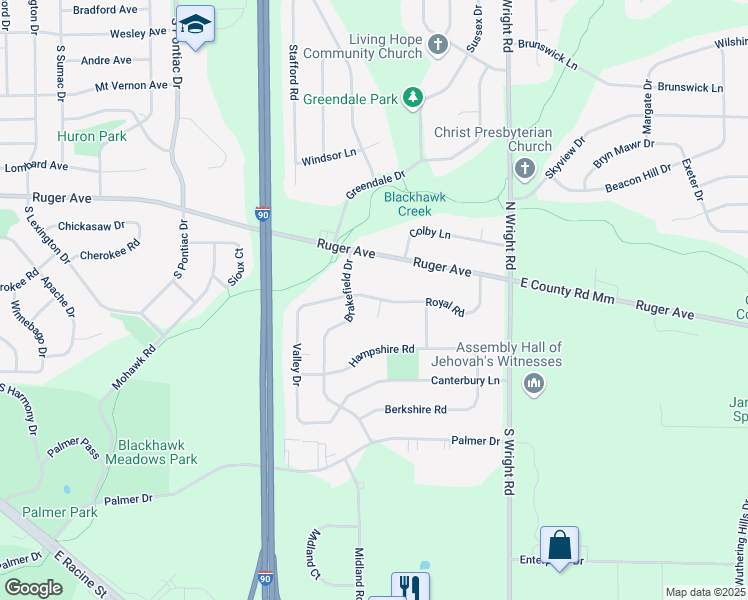 map of restaurants, bars, coffee shops, grocery stores, and more near 3234 Royal Road in Janesville