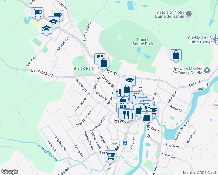 map of restaurants, bars, coffee shops, grocery stores, and more near 100 Central Street in Ipswich