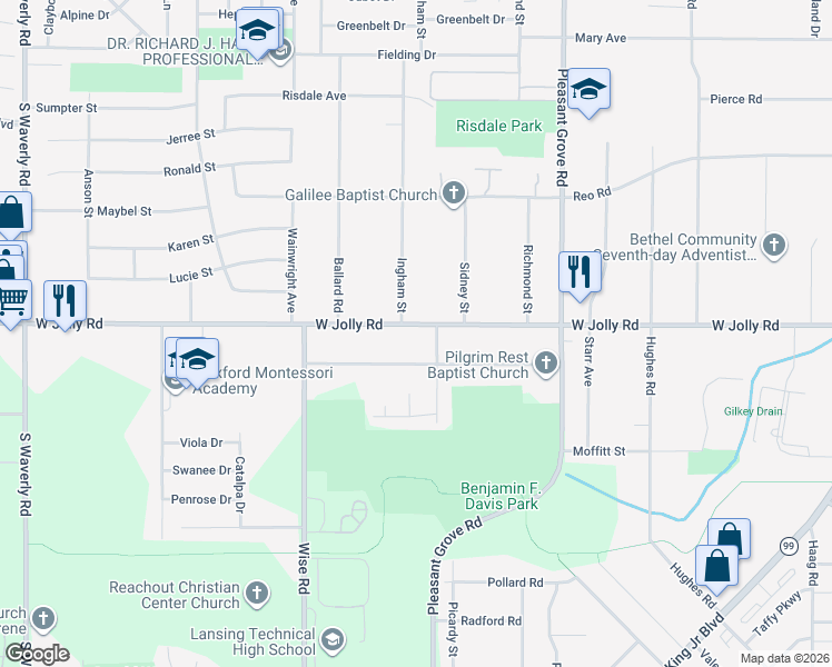 map of restaurants, bars, coffee shops, grocery stores, and more near 2615 West Jolly Road in Lansing