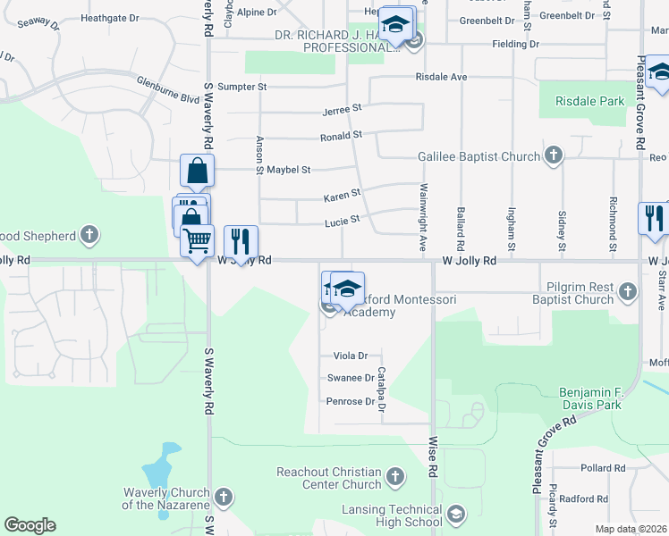 map of restaurants, bars, coffee shops, grocery stores, and more near 3419 West Jolly Road in Lansing