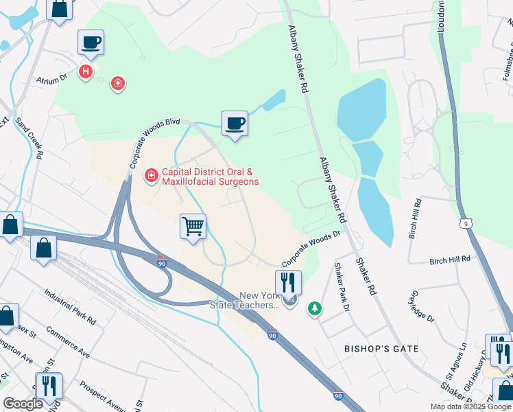 map of restaurants, bars, coffee shops, grocery stores, and more near 16 Corporate Woods Boulevard in Albany