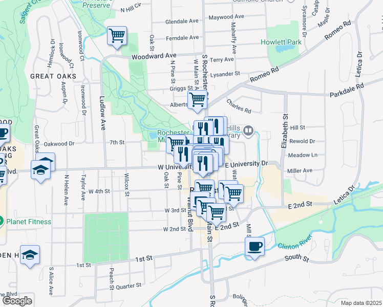 map of restaurants, bars, coffee shops, grocery stores, and more near 100 West University Drive in Rochester