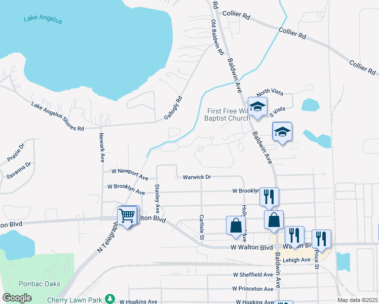map of restaurants, bars, coffee shops, grocery stores, and more near 601 Woodlake Lane in Pontiac
