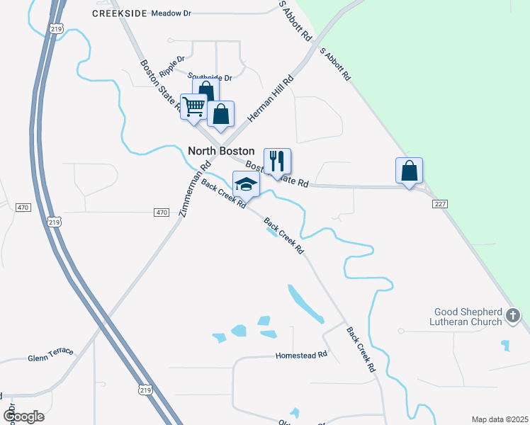 map of restaurants, bars, coffee shops, grocery stores, and more near 7497 Back Creek Road in Hamburg