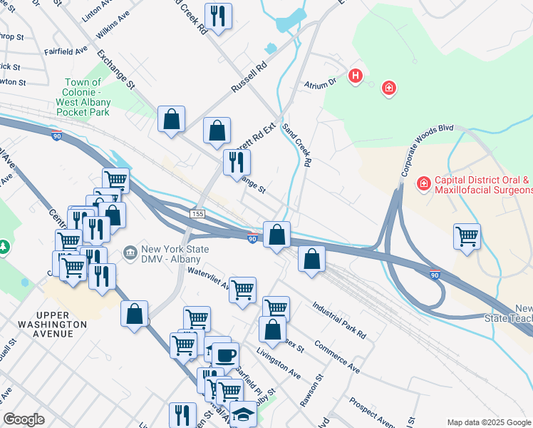 map of restaurants, bars, coffee shops, grocery stores, and more near 12 Corning Street in Albany