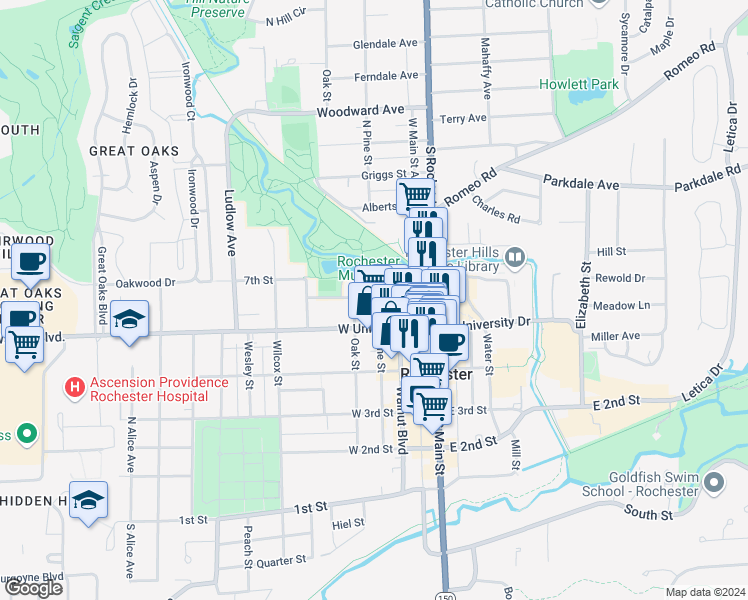 map of restaurants, bars, coffee shops, grocery stores, and more near 210 West University Drive in Rochester