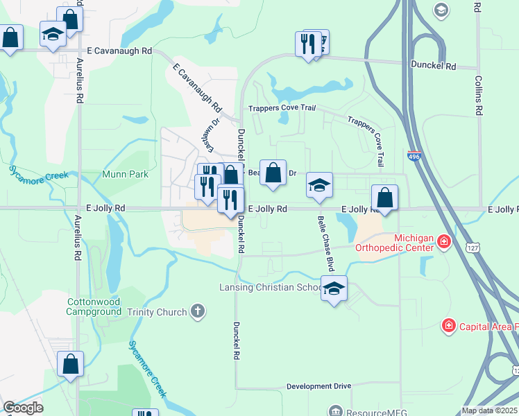 map of restaurants, bars, coffee shops, grocery stores, and more near in Ingham County