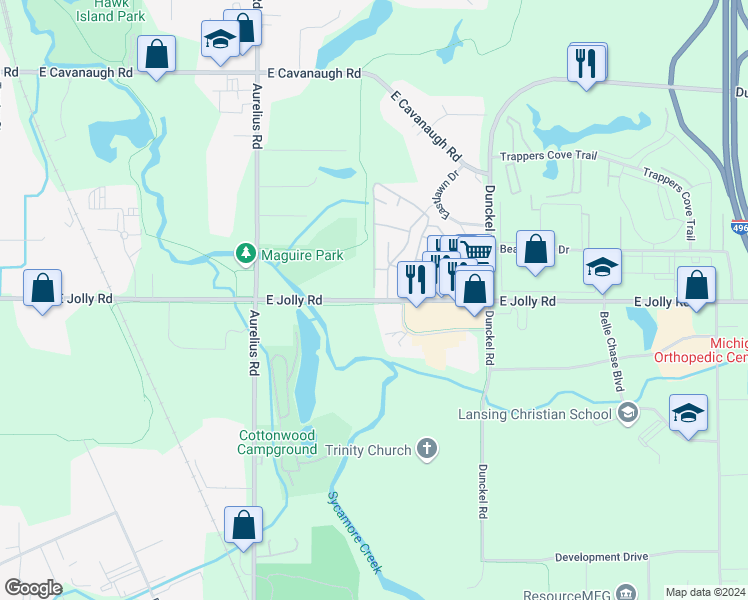 map of restaurants, bars, coffee shops, grocery stores, and more near 2500 East Jolly Road in Lansing