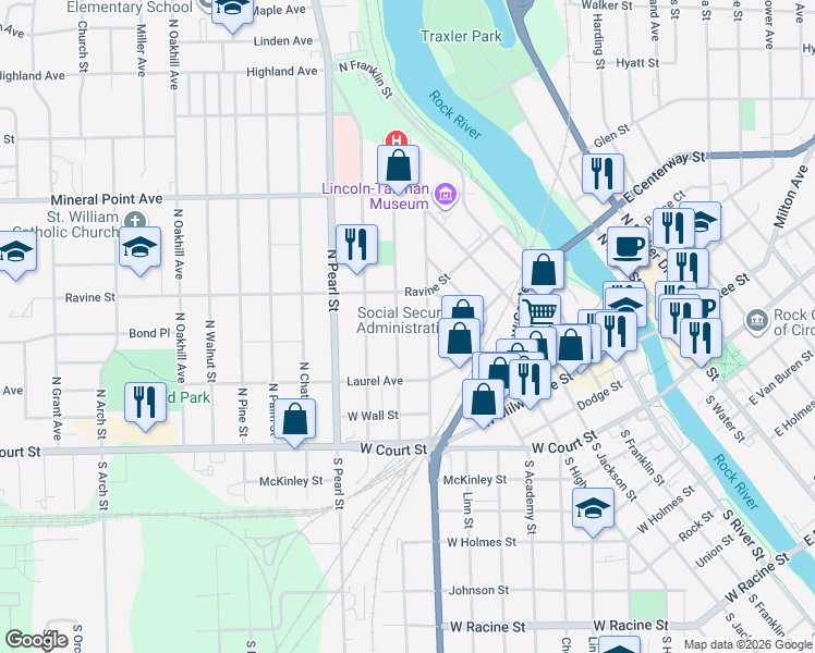 map of restaurants, bars, coffee shops, grocery stores, and more near 237 Madison Street in Janesville