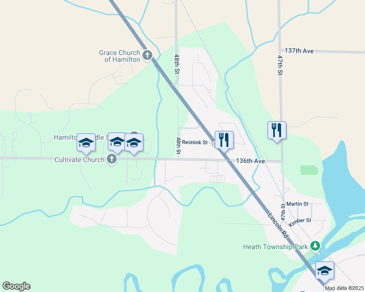 map of restaurants, bars, coffee shops, grocery stores, and more near 4793 136th Avenue in Hamilton