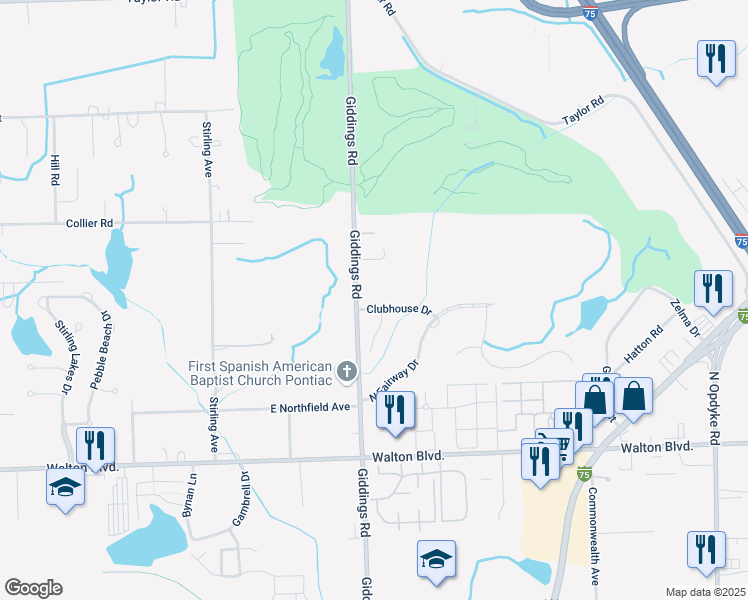 map of restaurants, bars, coffee shops, grocery stores, and more near 1593 Club House Court in Pontiac
