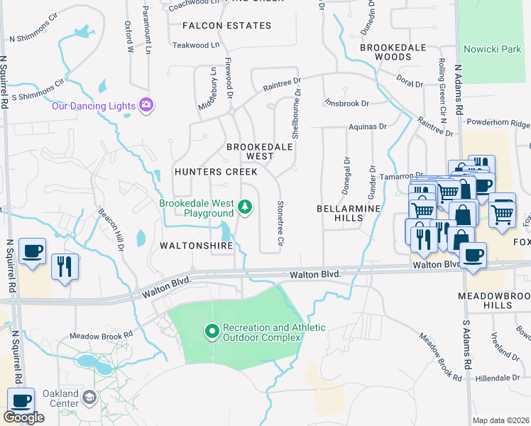 map of restaurants, bars, coffee shops, grocery stores, and more near 72 Stonetree Circle in Rochester Hills