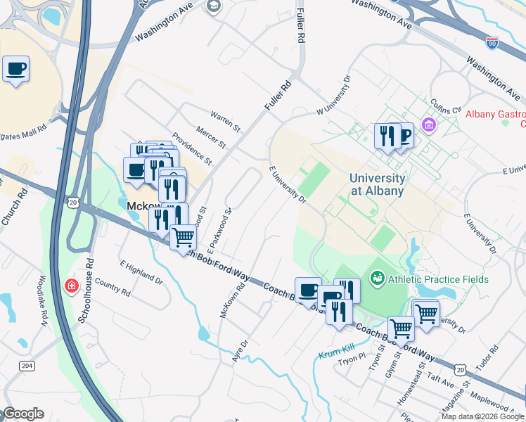 map of restaurants, bars, coffee shops, grocery stores, and more near 27 Norwood Street in Albany