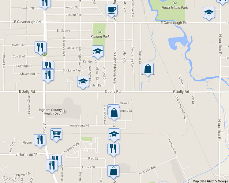 map of restaurants, bars, coffee shops, grocery stores, and more near S Pennsylvania Ave & E Jolly Rd in Lansing