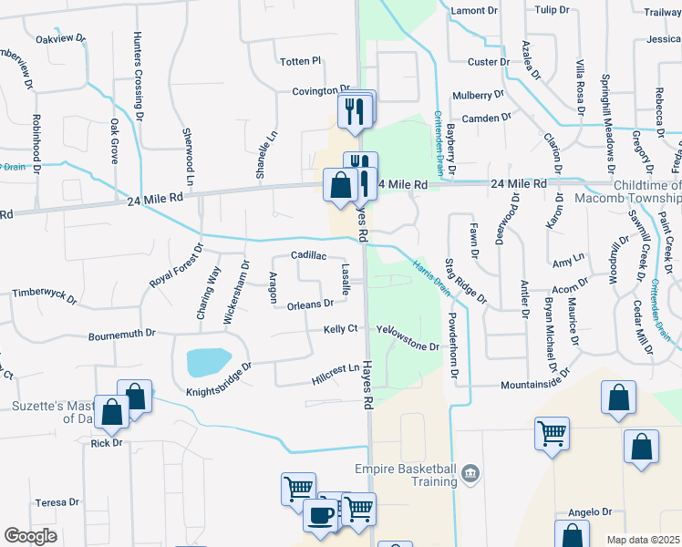 map of restaurants, bars, coffee shops, grocery stores, and more near 52544 Bordeaux Way in Macomb County