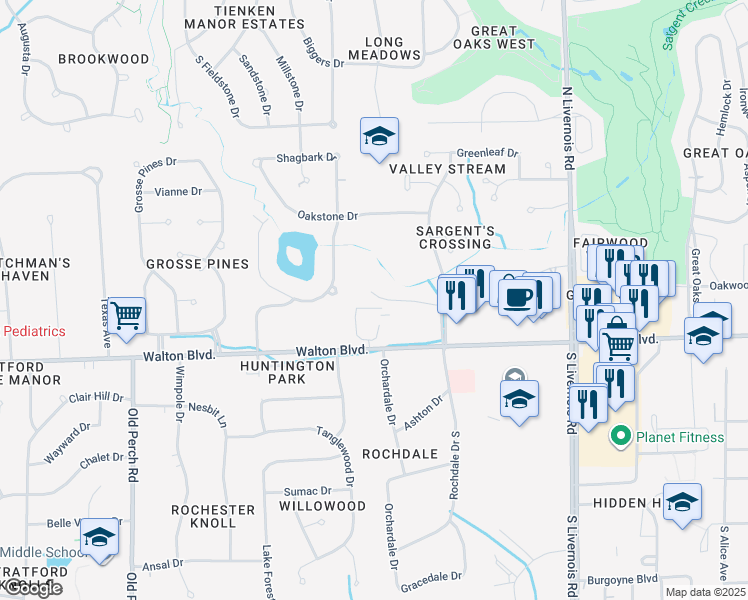map of restaurants, bars, coffee shops, grocery stores, and more near 1467 Rochdale Pond Court in Rochester Hills