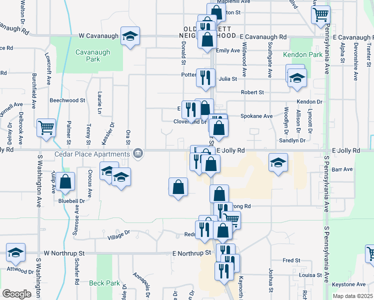 map of restaurants, bars, coffee shops, grocery stores, and more near 5100 Jolly Cedar Court in Lansing
