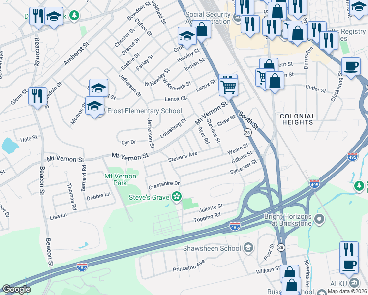 map of restaurants, bars, coffee shops, grocery stores, and more near 32 Stevens Avenue in Lawrence