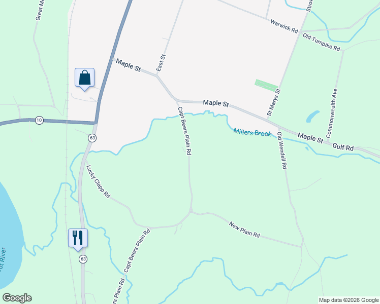 map of restaurants, bars, coffee shops, grocery stores, and more near 246 Capt Beers Plain Road in Northfield