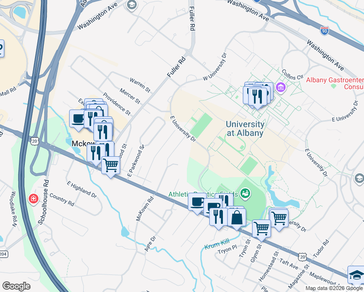 map of restaurants, bars, coffee shops, grocery stores, and more near 100-200 Nicholas Lane in Albany