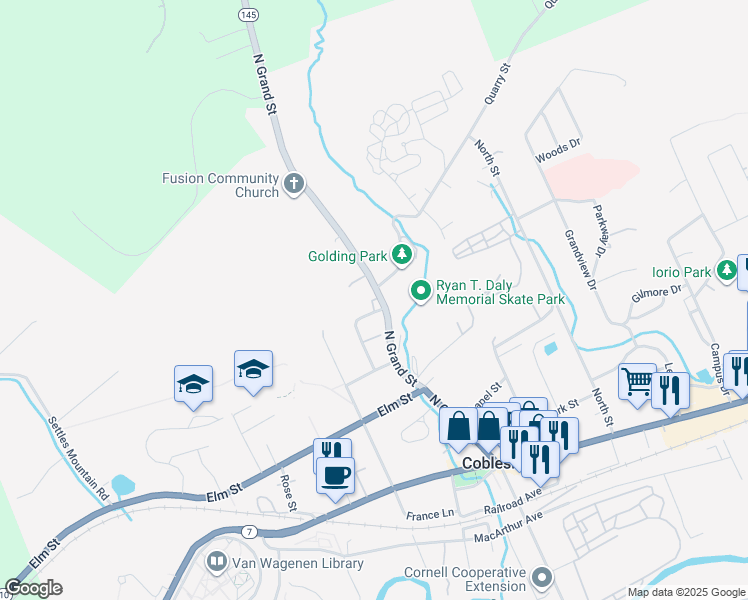 map of restaurants, bars, coffee shops, grocery stores, and more near 316 North Grand Street in Cobleskill