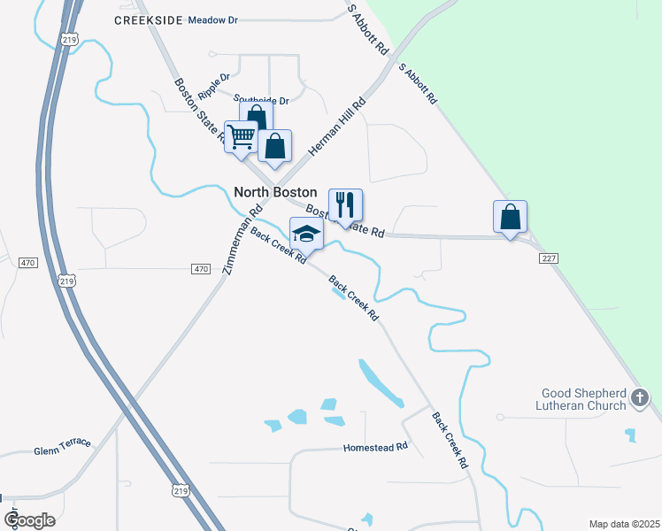 map of restaurants, bars, coffee shops, grocery stores, and more near 7497 Back Creek Road in Hamburg