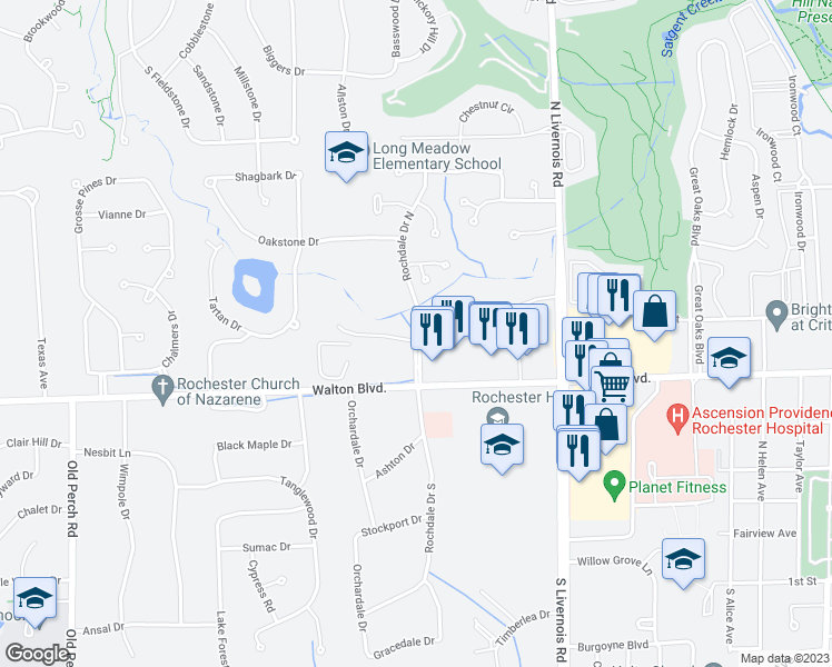 map of restaurants, bars, coffee shops, grocery stores, and more near 371 Rochdale Dr N in Rochester Hills