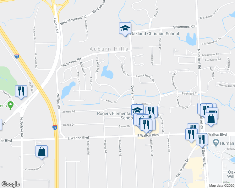 map of restaurants, bars, coffee shops, grocery stores, and more near 2677 Konrad Court in Auburn Hills