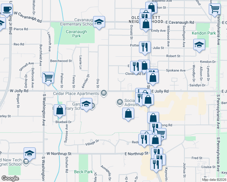 map of restaurants, bars, coffee shops, grocery stores, and more near 107 West Jolly Road in Lansing