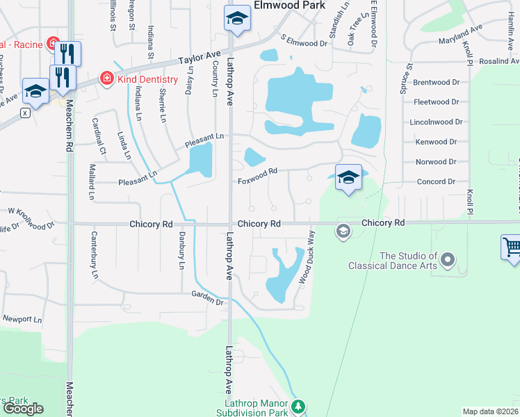 map of restaurants, bars, coffee shops, grocery stores, and more near 3710 Chicory Road in Racine