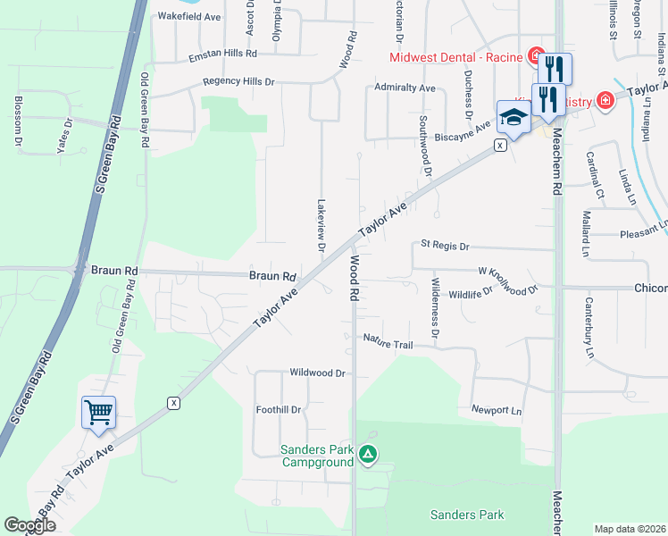 map of restaurants, bars, coffee shops, grocery stores, and more near 4200 Wood Road in Mount Pleasant