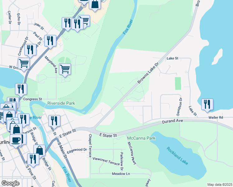 map of restaurants, bars, coffee shops, grocery stores, and more near 688 Browns Lake Drive in Burlington