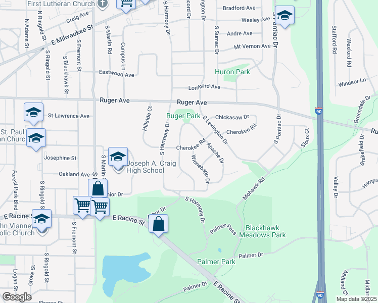 map of restaurants, bars, coffee shops, grocery stores, and more near 320 Winnebago Drive in Janesville