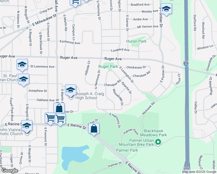 map of restaurants, bars, coffee shops, grocery stores, and more near 320 Winnebago Drive in Janesville