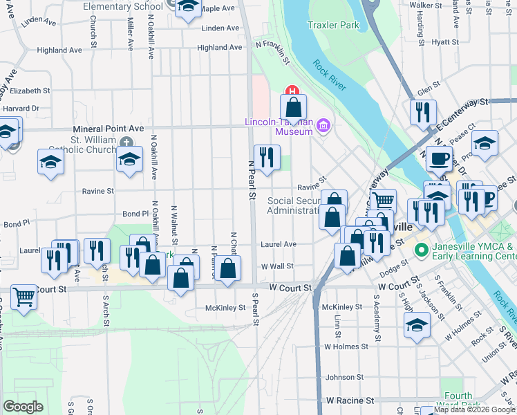 map of restaurants, bars, coffee shops, grocery stores, and more near 236 North Pearl Street in Janesville