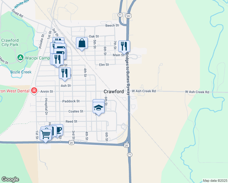 map of restaurants, bars, coffee shops, grocery stores, and more near in Crawford