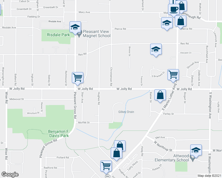 map of restaurants, bars, coffee shops, grocery stores, and more near W Jolly Rd & Christiansen Rd in Lansing
