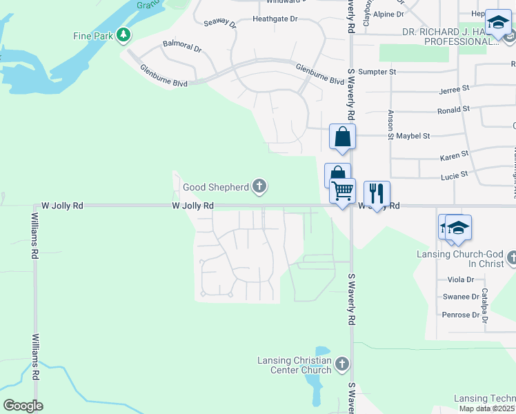 map of restaurants, bars, coffee shops, grocery stores, and more near 4245 West Jolly Road in Lansing