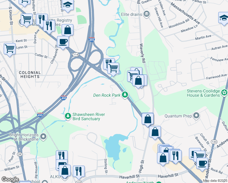 map of restaurants, bars, coffee shops, grocery stores, and more near 107 River Pointe Way in Lawrence