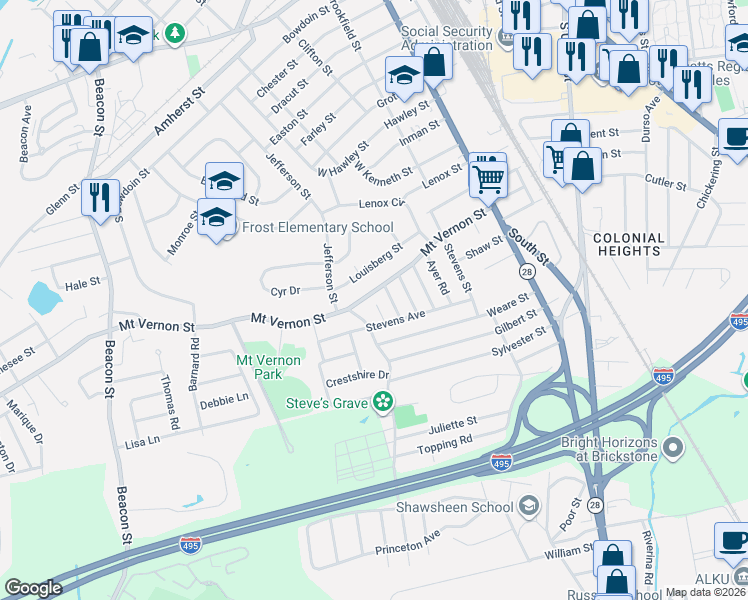 map of restaurants, bars, coffee shops, grocery stores, and more near 3 Carlson Road in Lawrence