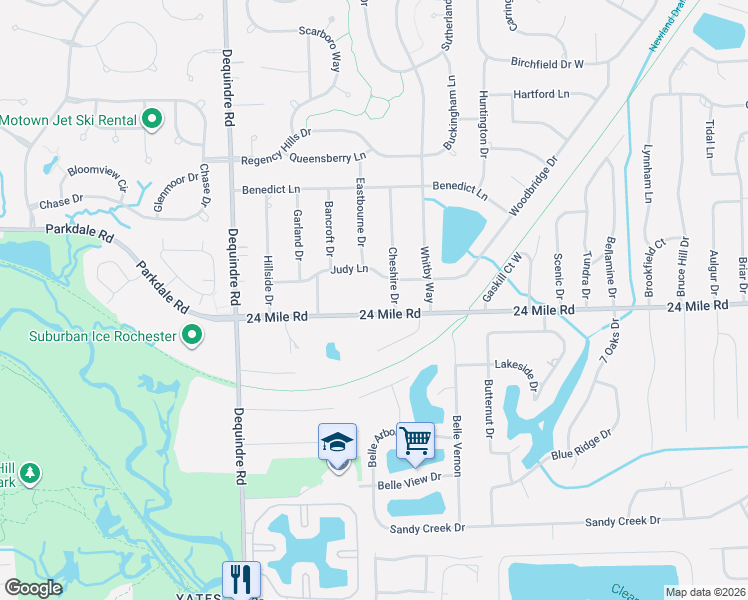 map of restaurants, bars, coffee shops, grocery stores, and more near 2444 24 Mile Road in Macomb County
