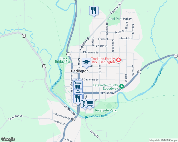 map of restaurants, bars, coffee shops, grocery stores, and more near 630 Keep Street in Darlington