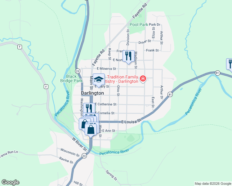 map of restaurants, bars, coffee shops, grocery stores, and more near 710 Ohio Street in Darlington