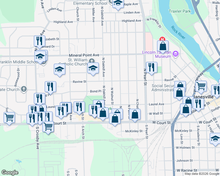 map of restaurants, bars, coffee shops, grocery stores, and more near 300 North Oakhill Avenue in Janesville