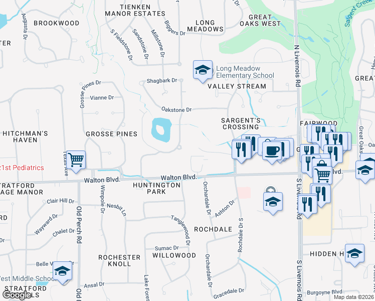 map of restaurants, bars, coffee shops, grocery stores, and more near 184 Shagbark Drive in Rochester Hills